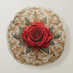 Elegant Red Rose With Ornate Gold Floral Round Cushion