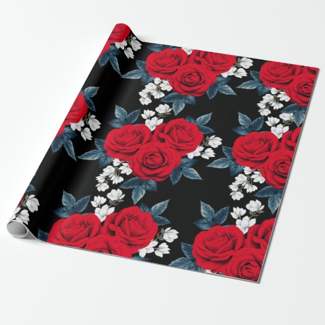 Elegant Red Rose Wrapping Paper (Unrolled)