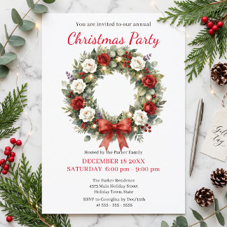 Elegant Red Rose Wreath Winter Christmas Party Invitation