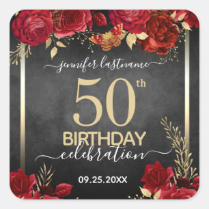 Elegant Red Roses 50th Birthday Square Sticker