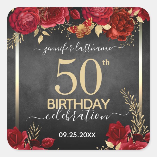 Elegant Red Roses 50th Birthday Square Sticker (Front)