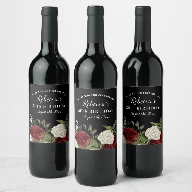 Elegant Red Roses 50th Birthday Thank You Wine Label (Bottles)