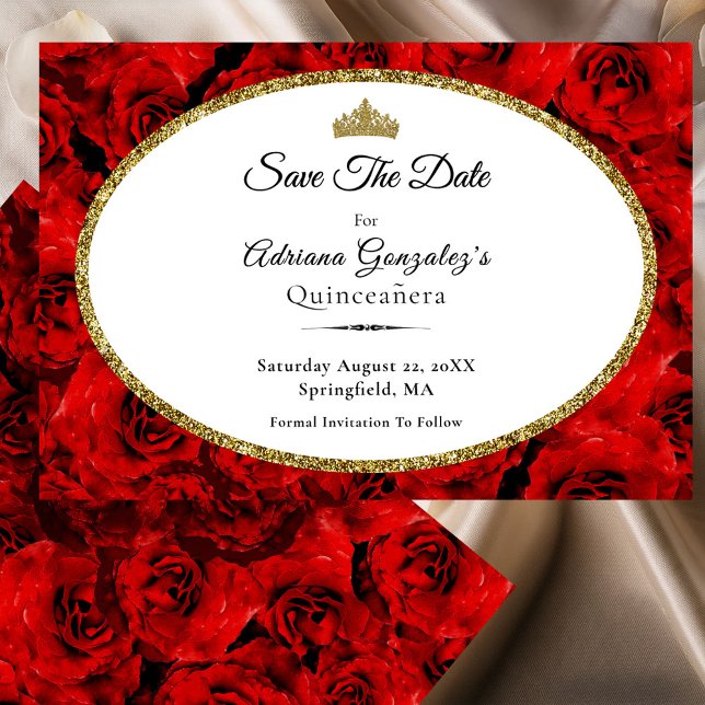 Elegant Red Roses and Gold Quinceanera Save The Date (Creator Uploaded)