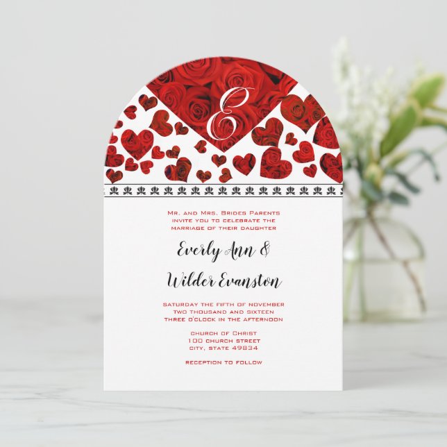 Elegant Red Roses and Hearts Wedding Invitation (Standing Front)