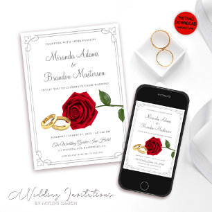 Elegant Red Roses and Rings Wedding Invitation