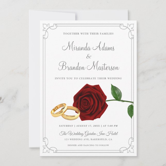 Elegant Red Roses and Rings Wedding Invitation (Front)