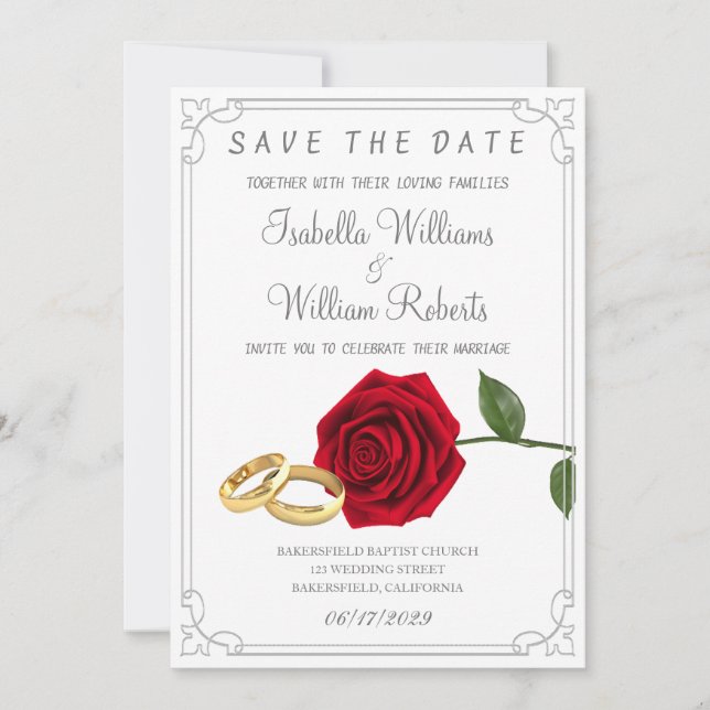 Elegant Red Roses and Rings Wedding Save The Date (Front)