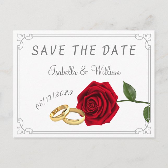 Elegant Red Roses and Rings Wedding Save the Date Postcard (Front)