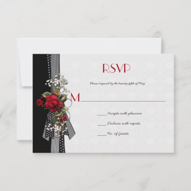 Elegant Red Roses Baby's Breath Black Ribbons RSVP (Front)