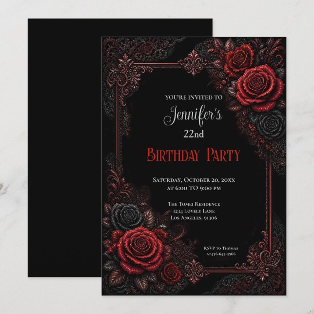 Elegant Red Roses Birthday Invitation (Front/Back)