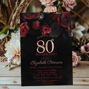 Elegant Red Roses Black 80th Birthday Invitation