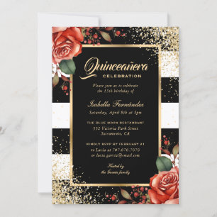 Elegant Red Roses Black Gold Confetti Quinceañera Invitation