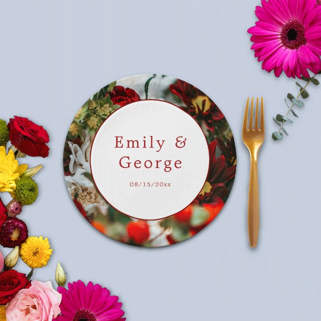 Elegant red roses blossoms flower floral Wedding Paper Plate (Creator Uploaded)
