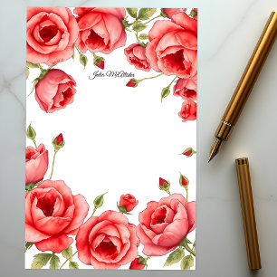 Elegant Red Roses Border with Personal Script Stationery