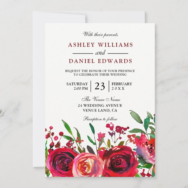 Elegant Red Roses Burgundy Wedding Invitation (Front)