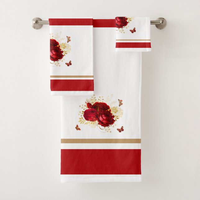 Elegant Red Roses Butterfly Gold Bath Towel Set (Insitu)