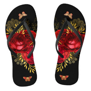 Elegant Red Roses Butterfly Gold Flip Flops