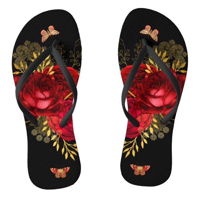 Elegant Red Roses Butterfly Gold Flip Flops (Footbed)