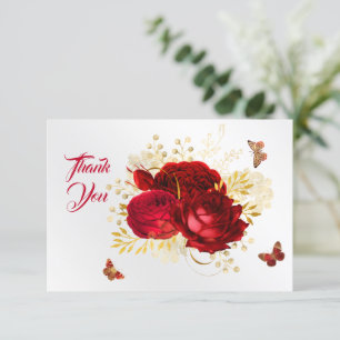Elegant Red Roses Butterfly Gold Thank You Card