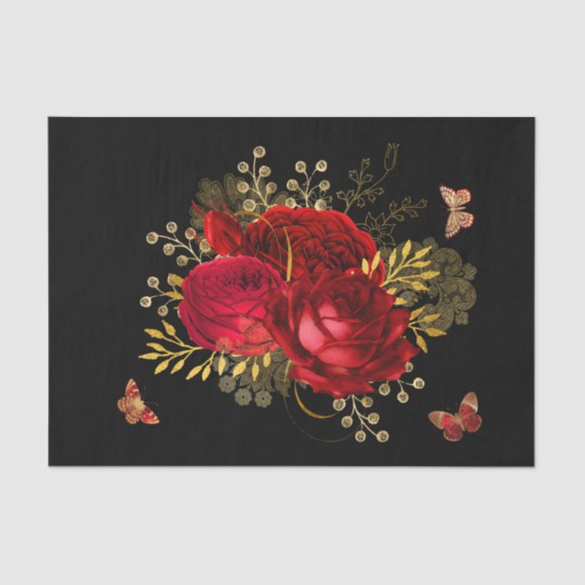 Elegant Red Roses Butterfly Gold Tissue Paper (Front)