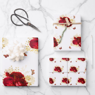Elegant Red Roses Butterfly Gold Wrapping Paper Sheet