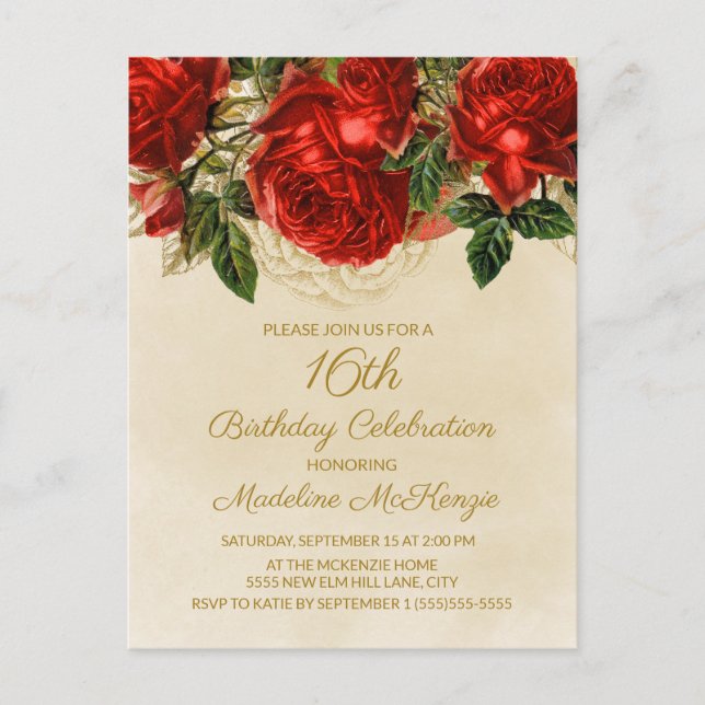 Elegant Red Roses Champagne 16th Birthday Invitati Postcard (Front)