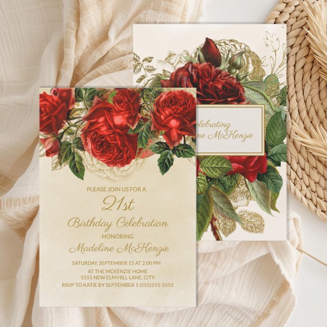 Elegant Red Roses Champagne 21st Birthday Invitation (Red roses 21st birthday party invitation)