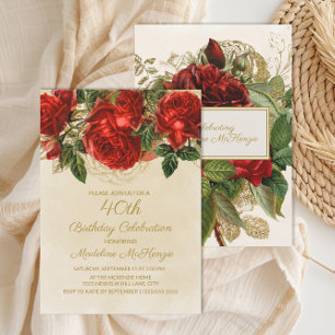 Elegant Red Roses Champagne 40th Birthday Invitation