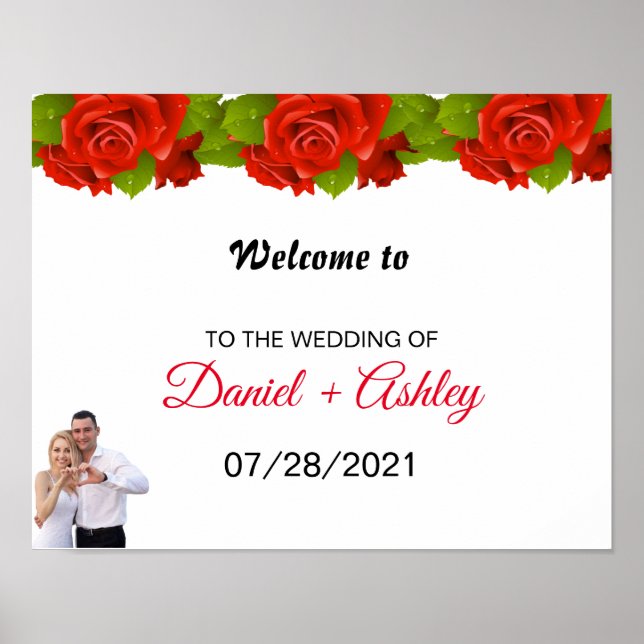 Elegant Red Roses Couple Photo Welcome Wedding Poster (Front)