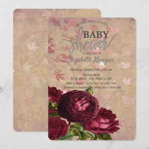 Elegant Red Roses Falling Leaves Baby Shower Invitation