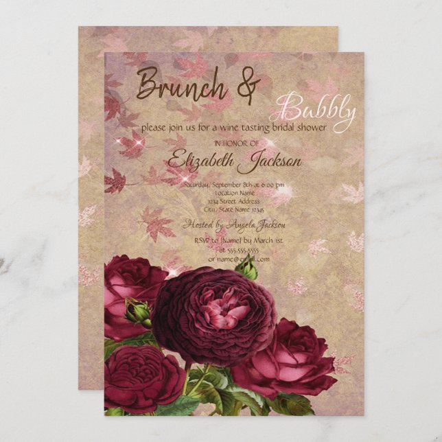 Elegant Red Roses Falling Leaves Bridal Shower Invitation (Front/Back)