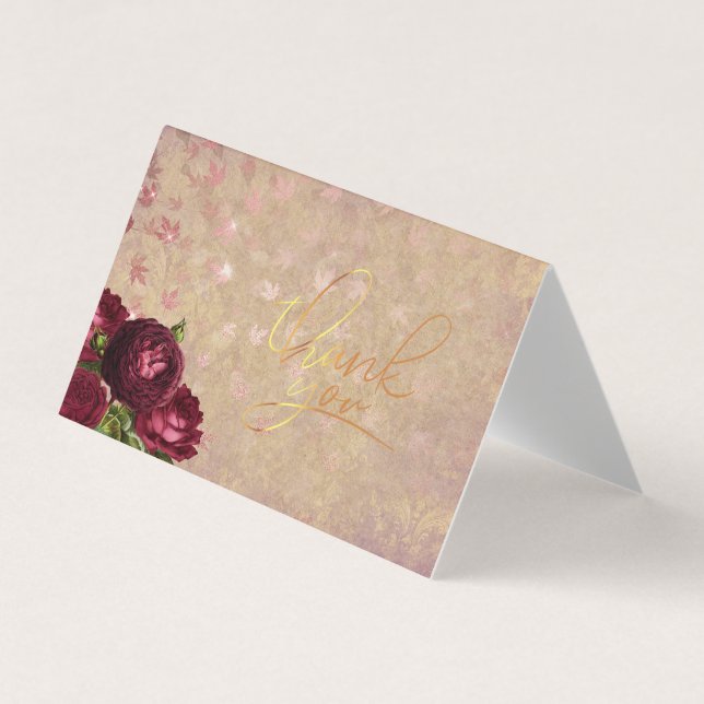 Elegant Red Roses Falling Leaves Floral Thank You  Business Card (Front)