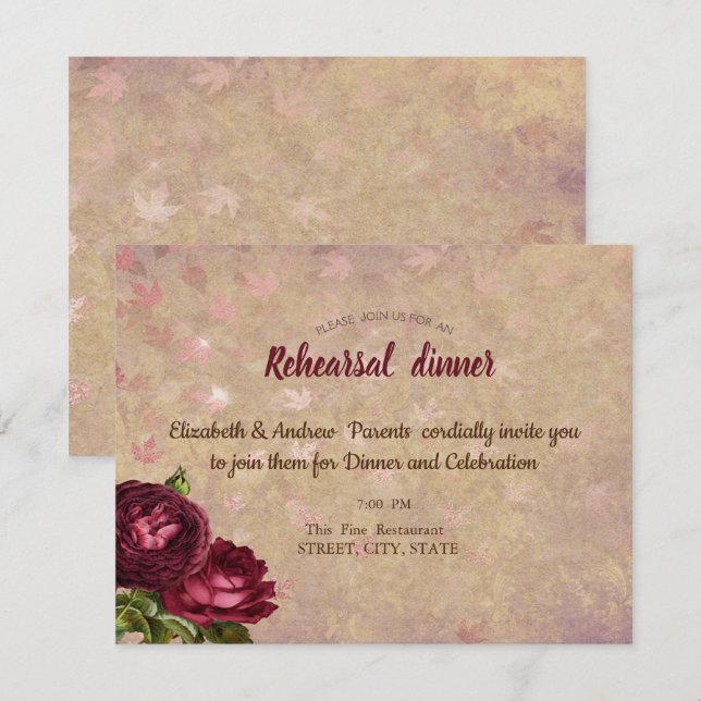 Elegant Red Roses Falling Leaves  Invitation (Front/Back)