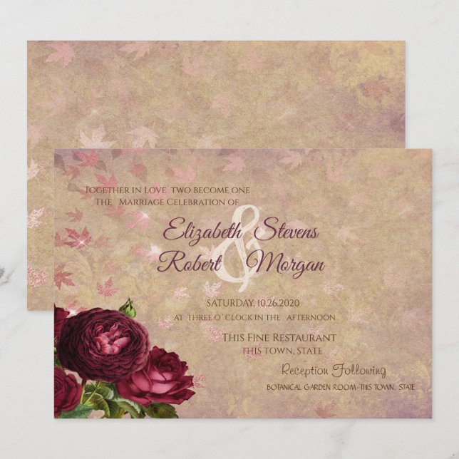 Elegant Red Roses Falling Leaves  Invitation (Front/Back)