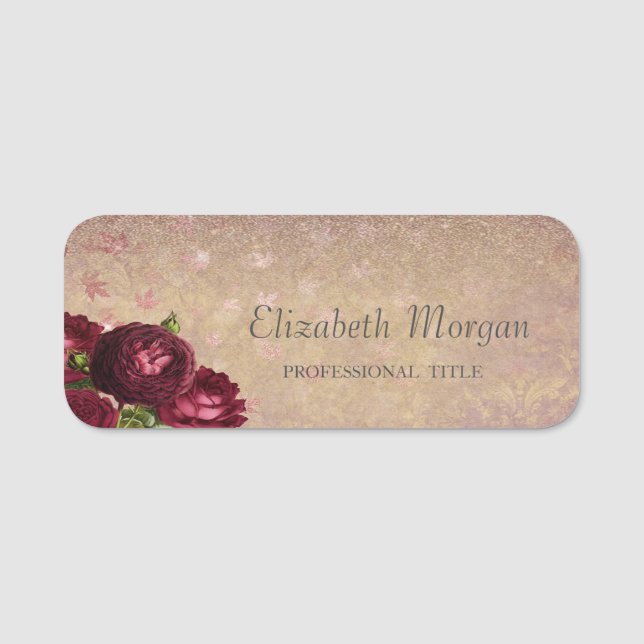 Elegant Red Roses Falling Leaves  Name Tag (Front)