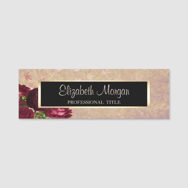 Elegant Red Roses Falling Leaves Name Tag (Front)