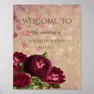 Elegant Red Roses Falling Leaves  Poster