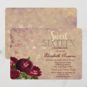 Elegant Red Roses Falling Leaves Sweet 16 Invitation