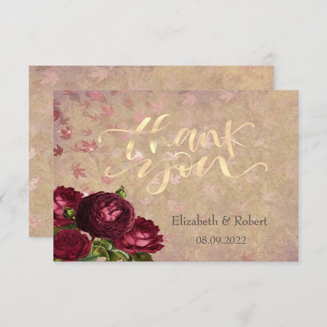 Elegant Red Roses Falling Leaves Thank You Card (Front/Back)