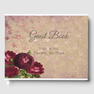 Elegant Red Roses Falling Leaves Wedding Guest Book