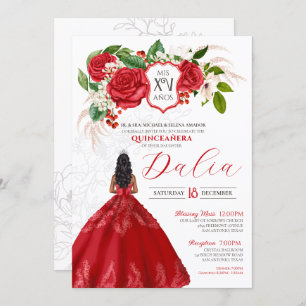 Elegant Red Roses Floral Crest Formal Quinceañera Invitation