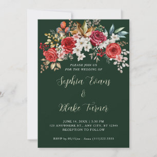 Elegant Red Roses Floral Dark Green Wedding Invitation