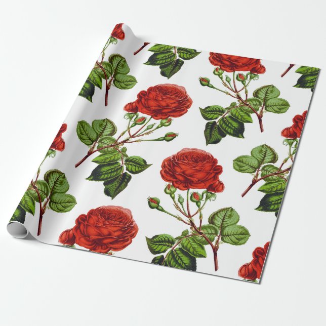 Elegant Red Roses Floral Flowers Pattern | Wrapping Paper (Unrolled)