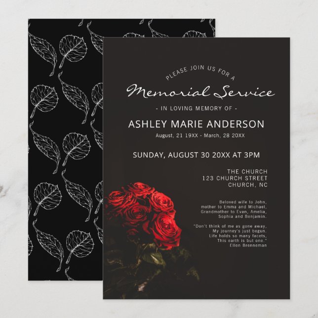 Elegant Red Roses Floral  Memorial Funeral Service Invitation (Front/Back)