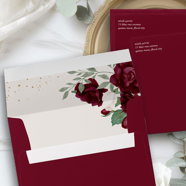 Elegant Red Roses Floral Return Address Burgundy Envelope (Burgundy red invitation envelopes from my Royal Rose Quinceanera collection)