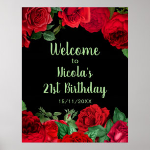 Elegant Red Roses Flowers Birthday Party Poster