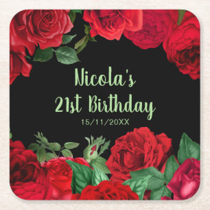 Elegant Red Roses Flowers Birthday Party Square Paper Coaster