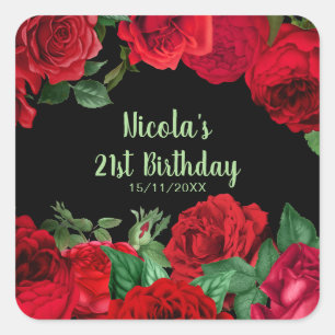 Elegant Red Roses Flowers Birthday Party Square Sticker