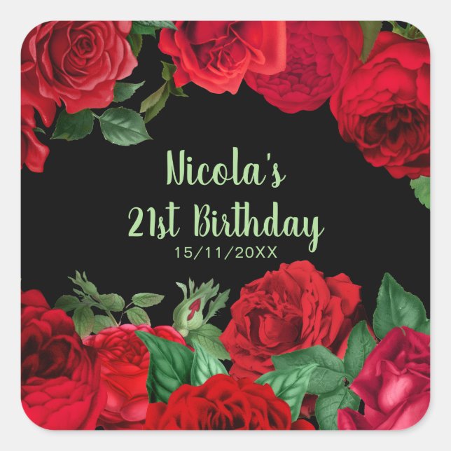 Elegant Red Roses Flowers Birthday Party Square Sticker (Front)