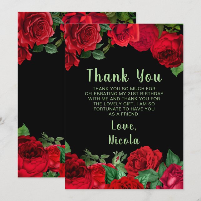 Elegant Red Roses Flowers Birthday Party Thank You Card (Front/Back)